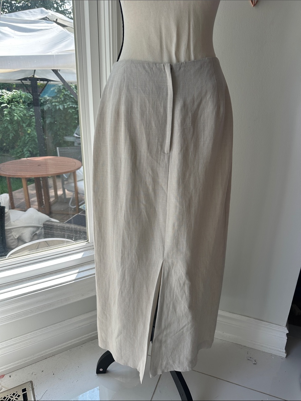 VINTAGE 90s LINEN Classic Cream White Tan Beige Striped Midi Pencil Skirt Medium - Picture 5 of 13